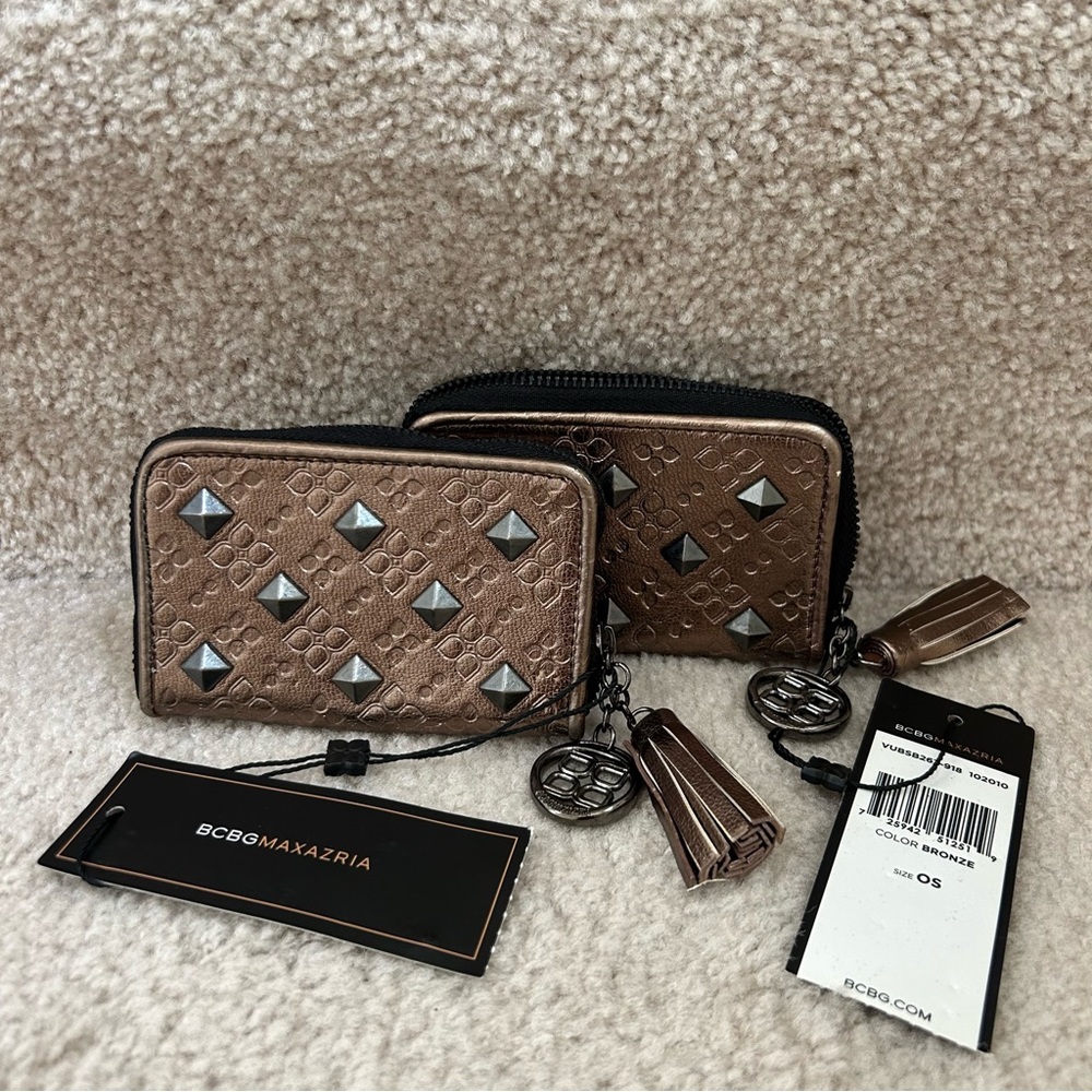 BCBGMAXAZRIA Bronze Studded Card Coin Wallet with Tassel Keychain